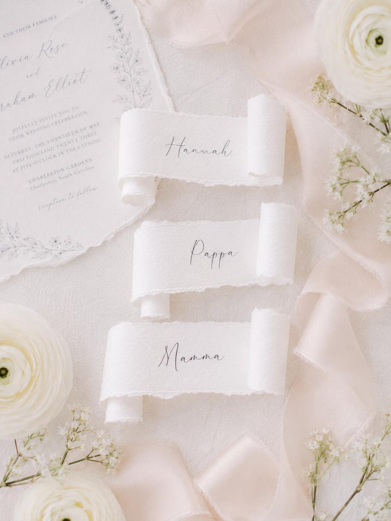 Butterfly Scrolls Wedding PLACE CARDS, Deckle edge torn Vintage calligraphy name placements Birthday Garden Party Bridal Baby Shower image 4