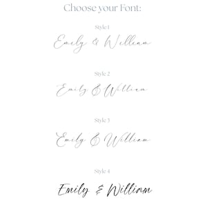 May include: A digital display showing the text Choose your Font followed by four distinct calligraphic font styles labelled Style 1 through Style 4, each displaying the names Emily & William. The bottom includes the text LIGHT ATELIER.