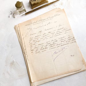 Caligrafía antigua, letra en francés, 1899-1900, Francia, bellas artes, fotografía de bodas, estilismo plano, barroco antiguo, victoriano, manuscrito