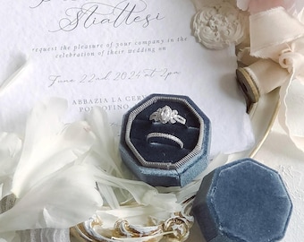 Hochzeit Ring Box Midnight Blue ~ Hochzeitsfotografie Flat Lay Styling Props Doppelring Samt Achteckig Form Vintage Style Light Atelier