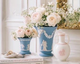 Wedgwood Jasperware, Pink & Cream Blue Flower Vase Wedding Photography flat lay props Flower Arrangements Vintage Coquette French Home Decor