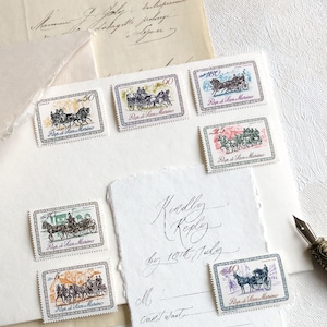 Conjunto de 7 selos vintage, cavalo e carruagem ~ Belas artes para fotografia de casamento kit de adereços de estilo flatlay antigo barroco renascentista estilo vitoriano