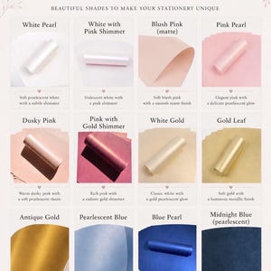 Puede incluir: Una carta de colores titulada CARDSTOCK COLOURS for Wedding Stationery que muestra doce muestras de papel, incluyendo blanco perla, blanco con brillo rosa, rosa rubor mate, rosa perla, rosa oscuro, rosa con brillo dorado, blanco dorado, pan de oro, oro antiguo, azul nacarado, azul perla y azul medianoche.