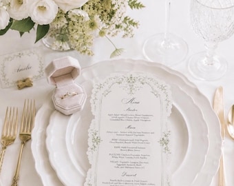 Baroque Frame Wedding Menu & Place Card Blue Toile de Jouy Green Cream, Pearl Bridal Shower, Garden Party Baby Shower, Vintage, Coquette