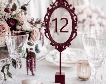 Elegant Wedding TABLE NUMBER Stand ~ Ornate Baroque Oval Frame Table Number Vintage style 30+ COLOURS Burgundy White Gold Olive Green Pink