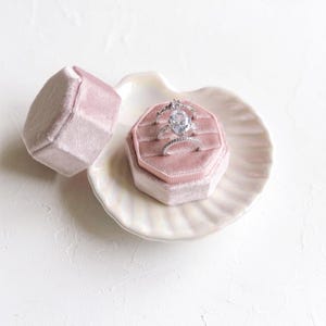 Triple Ring Box, Dusky Pink Soft Velvet 3 slots Engagement rings Fine Art Wedding Photography Flat lay Props Octagonal shape Vintage antique
