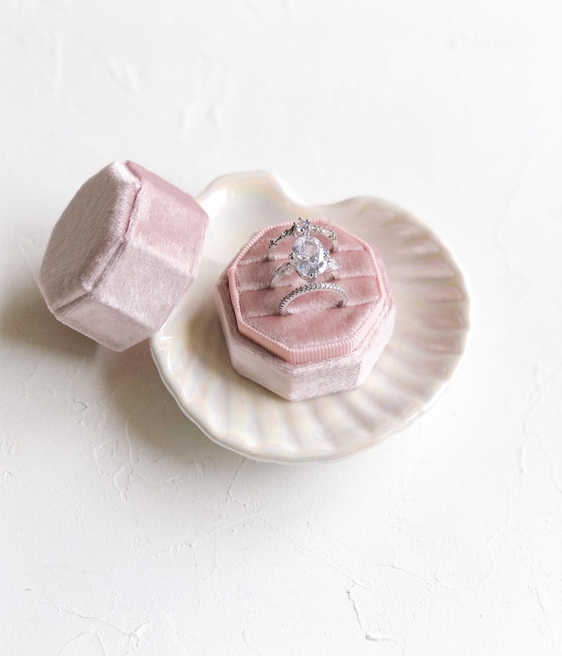 Triple Ring Box, Dusky Pink Soft Velvet 3 slots Engagement rings Fine Art Wedding Photography Flat lay Props Octagonal shape Vintage antique