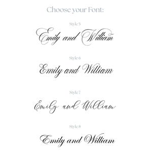 May include: A digital display showing the text Choose your Font followed by four distinct black script font options labelled Style 5, Style 6, Style 7, and Style 8, each displaying the names Emily and William. The bottom includes Light Atelier text.