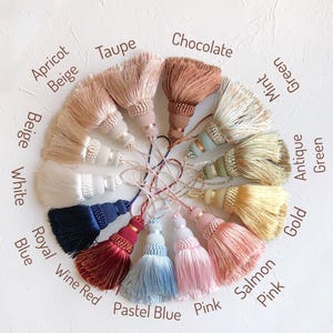 Könnte beinhalten: Eine kreisförmige Anordnung von zwölf dekorativen Quasten in verschiedenen Farben, darunter Aprikose, Beige, Taupe, Schokolade, Minzgrün, Antikgrün, Gold, Lachsrosa, Rosa, Pastellblau, Weinrot und Königsblau, jeweils mit dem Farbnamen beschriftet.