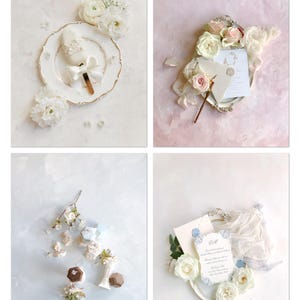 以下が含まれることがあります： 結婚をテーマにしたアイテムのコレクション。招待状、フラワーアレンジメント、装飾要素が含まれています。画像には、デザートが載った白いお皿、文房具が載った銀色のトレイ、柔らかくロマンチックなスタイルのさまざまな花のアクセントが写っています。