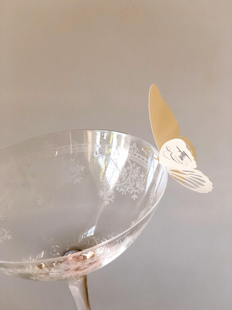 Puede incluir: Una copa de cristal transparente con un patr&oacute;n floral grabado en el cuenco. Una mariposa de papel de color crema est&aacute; sujeta al borde de la copa. La mariposa presenta el nombre Emily en letra cursiva decorativa, impreso en tinta negra.