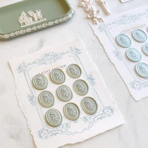 WASZEGELS SET saliegroen ~ ovale rozen zelfklevende stickers huwelijksuitnodiging briefpapier enveloppen Victoriaanse barok wedgwood-stijl