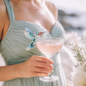 May include: A clear glass coupe filled with a pale pink beverage, featuring a decorative hummingbird cutout perched on the rim. The hummingbird has blue, green, and orange plumage with the name Ashley printed in white script on its wing.