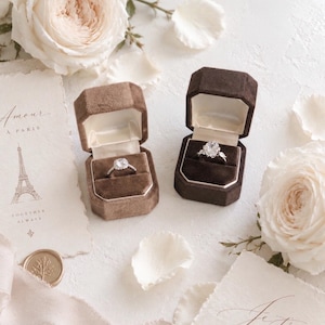 Op de afbeelding: Twee fluwelen ringdoosjes in bruintinten, elk met een zilverkleurige ring met een heldere steen. De doosjes staan bij een stuk briefpapier met een afbeelding van de Eiffeltoren en de tekst Amour A PARIS TOGETHER ALWAYS.