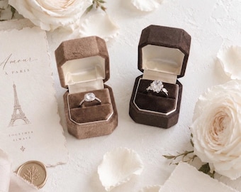 Luxury velvet Proposal Ring Box, Light / Dark Chocolate Brown colour Single ring, Double ring 1 or 2 slots Vintage Style Wedding Ring box