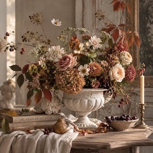 Pode incluir: Um grande arranjo floral numa urna branca com pedestal, apresentando rosas, hortênsias e folhagem de outono. Ao lado da urna estão dois livros intitulados The Flower Hunter, uma pera, uma taça com uvas escuras e uma vela num suporte.