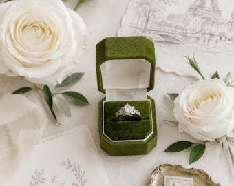 Luxury velvet Proposal Ring Box, Olive Green colour  Single ring 1 slot Wedding Ring box Vintage Style