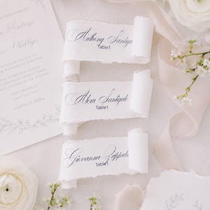 Butterfly Scrolls Wedding PLACE CARDS, Deckle edge torn Vintage calligraphy name placements Birthday Garden Party Bridal Baby Shower Elegant Scroll