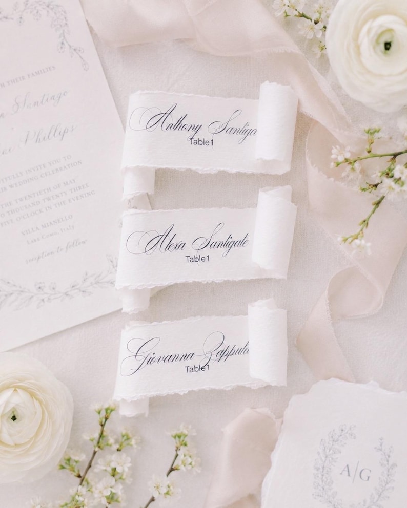 Butterfly Scrolls Wedding PLACE CARDS, Deckle edge torn Vintage calligraphy name placements Birthday Garden Party Bridal Baby Shower Elegant Scroll