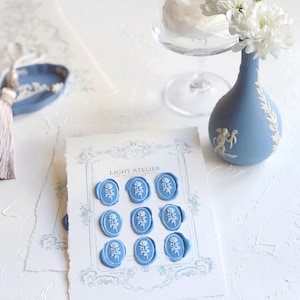 CONJUNTO DE SELO DE CERA Rosas Azuis Adesivos Ovais Autoadesivos Convites de Casamento Papelaria Envelopes Vitoriano Barroco Estilo Wedgwood Light Atelier
