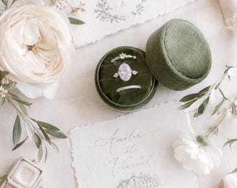 Luxury Velvet Wedding Ring Box Single, Double Triple ring Olive Green Moss Sage Green 1, 2, 3 slots Round Proposal ring box Keepsake Gift