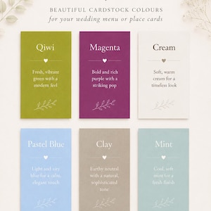 Puede incluir: Una paleta de colores con seis muestras rectangulares de cartulina en verde Qiwi, morado Magenta, crema, azul pastel, arcilla y menta. Cada tarjeta muestra su nombre de color, un icono de coraz&oacute;n, una breve descripci&oacute;n y una hoja.