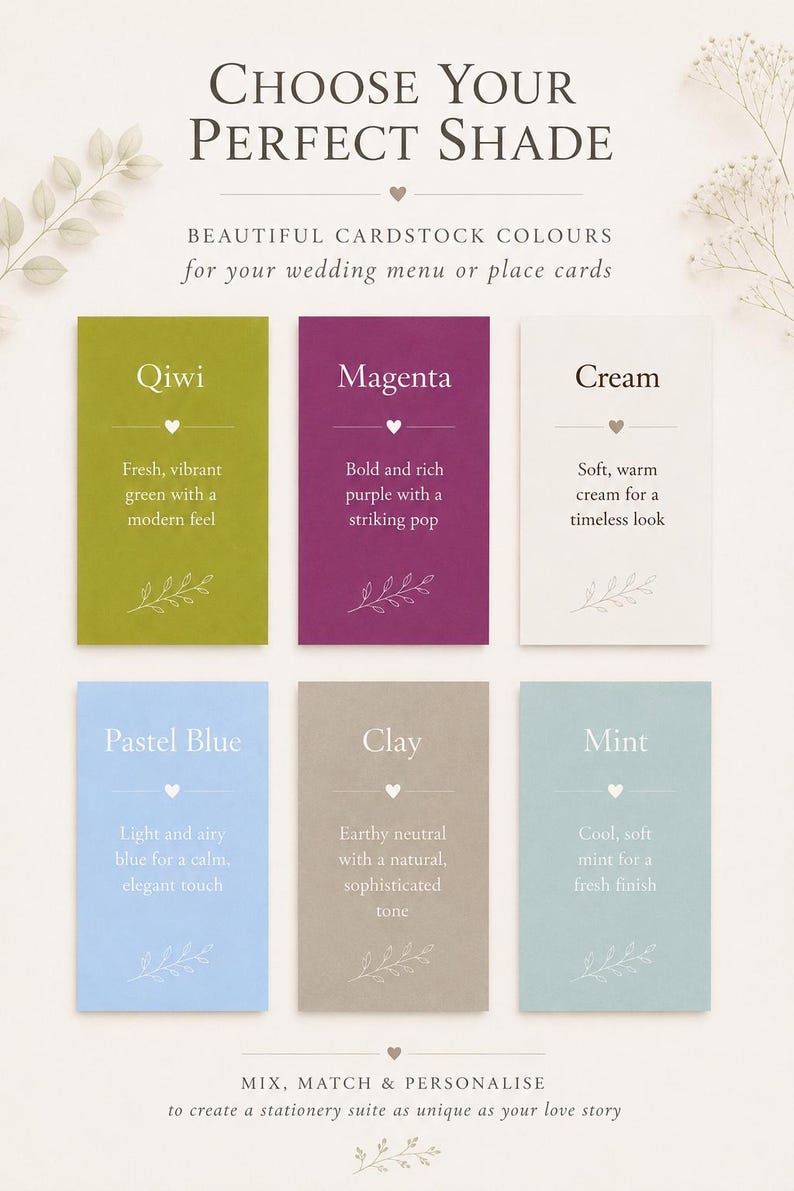 Puede incluir: Una paleta de colores con seis muestras rectangulares de cartulina en verde Qiwi, morado Magenta, crema, azul pastel, arcilla y menta. Cada tarjeta muestra su nombre de color, un icono de coraz&oacute;n, una breve descripci&oacute;n y una hoja.
