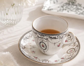 Antique TEACUP and Saucer by Shelley, England 1930-1940  Roses Swags and Garlands Vintage Victorian Black & White Coquette home decor