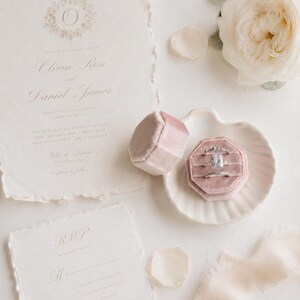 Triple Ring Box, Dusky Pink Soft Velvet 3 slots Engagement rings Fine Art Wedding Photography Flat lay Props Octagonal shape Vintage antique