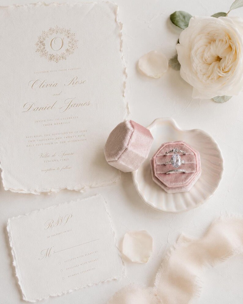 Triple Ring Box, Dusky Pink Soft Velvet 3 slots Engagement rings Fine Art Wedding Photography Flat lay Props Octagonal shape Vintage antique