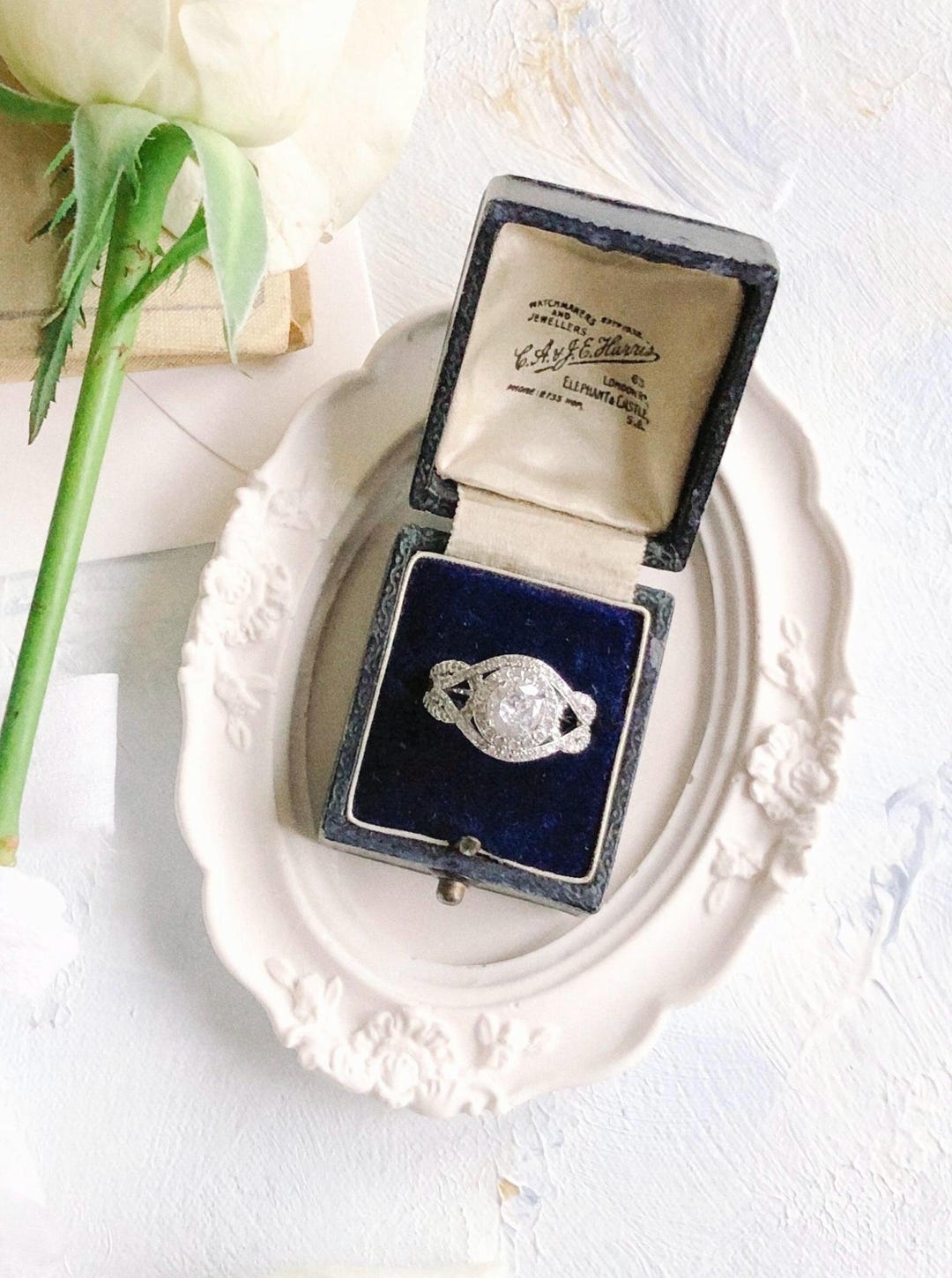 Antique Wedding Ring Box Dark Blue Leather Velvet ~ Rings Brooch ...