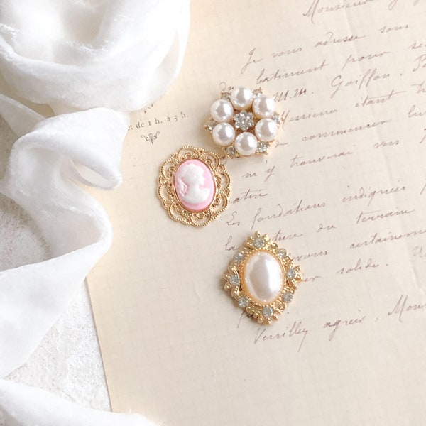 Pink Cameo 3 Embellishments Set Antique Vintage Style Fine Art Wedding Photography Flatlay Props Baroque Victorian Old Accessories Jewellery