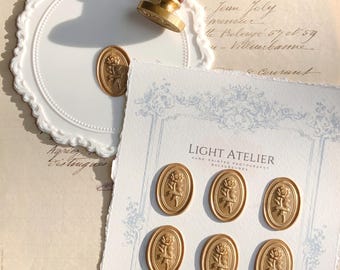 Oval WAX SEALS SET Antique Gold Roses + Self Adhesive Stickers Wedding Invitation Stationery Envelopes Baroque Coquette style flat lay props