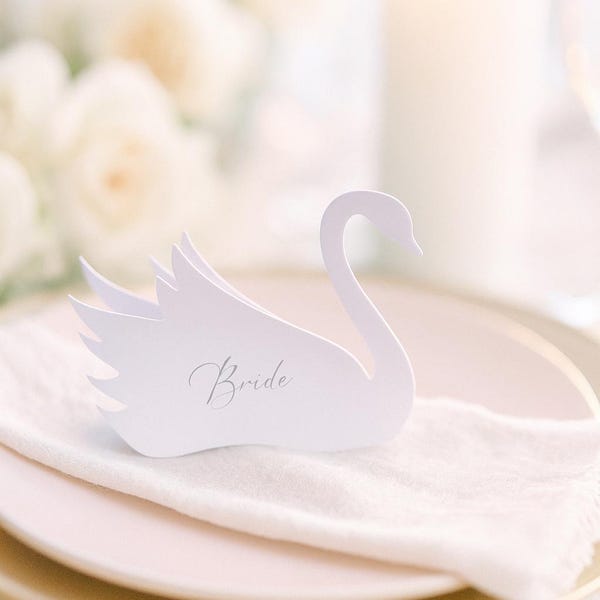 Wedding Place Cards WHITE SWAN Free-Standing Personalised Placements calligraphy names Wedding Table Bridal Shower Custom Order Welcome
