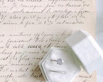Wedding Ring Box: Pearl White, DOUBLE Ring ~ Fine Art Photography Flat Lay Styling Props Earrings Vintage Style Soft Velvet white light grey