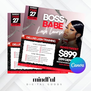 Puede incluir: Un folleto rosa y blanco que anuncia un curso de pestañas llamado "Boss Babe Lash Course". El folleto presenta a una mujer con pestañas largas y el texto "Domingo, 27 de marzo, 10:00-18:00, Formación Deluxe en Pestañas, Qué Incluye, Qué Aprenderás, Inversión 899 €, 199 € de depósito, 500 € a pagar en efectivo el día del curso, No reembolsable, Invierte en tu futuro, www.yourbrandhere.com, mindful, Productos digitales".