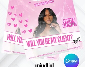 Puede incluir: Gráfico rosa y blanco con el rostro de una mujer y el texto "WILL YOU BE MY CLIENT? XOXO" con un sitio web y un nombre de usuario de Instagram. El gráfico también incluye el texto "20% OFF SITEWIDE".