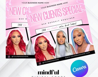 May include: Two pink promotional flyers with the text "NEW CLIENTS SPECIAL" and "NEW C". The flyers feature images of women with colorful hair. Text includes "$20 deposit required" and "$100 new clients only, book today!"