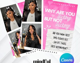 May include: Pink and white graphic with the text "WHY ARE YOU looking BUT NOT booking" and "DID YOU KNOW FIRST TIME CLIENTS GET $00 OFF THERE FIRST APPOINTMENT?"  The graphic also features three photos of a woman with long black hair. The text "YOURBRANDHERE" appears twice on the graphic. The text "mindful DIGITAL GOODS" and "Canva" appear at the bottom of the graphic.