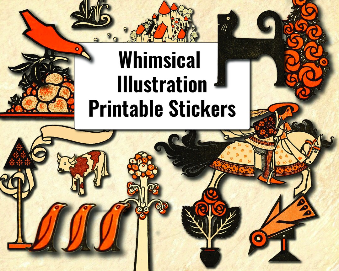 Whimsy Sticker Printable Printable Stickers ~ Whimsical Illustrations of Birds, Cow, Horses ...