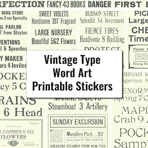 Printable Stickers ~ Word Art ~ Vintage Typescript ~ Fonts ~ Phrases, Numbers, Headlines, Ads
