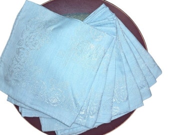 Vintage Light Robins Egg Blue Damask Napkins set of 8. Free Shipping