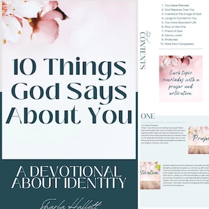 May include: A devotional book titled "10 Things God Says About You" by Sharla Hallett. The cover features a teal background with white text and floral accents. The book's contents and a sample page are also visible.