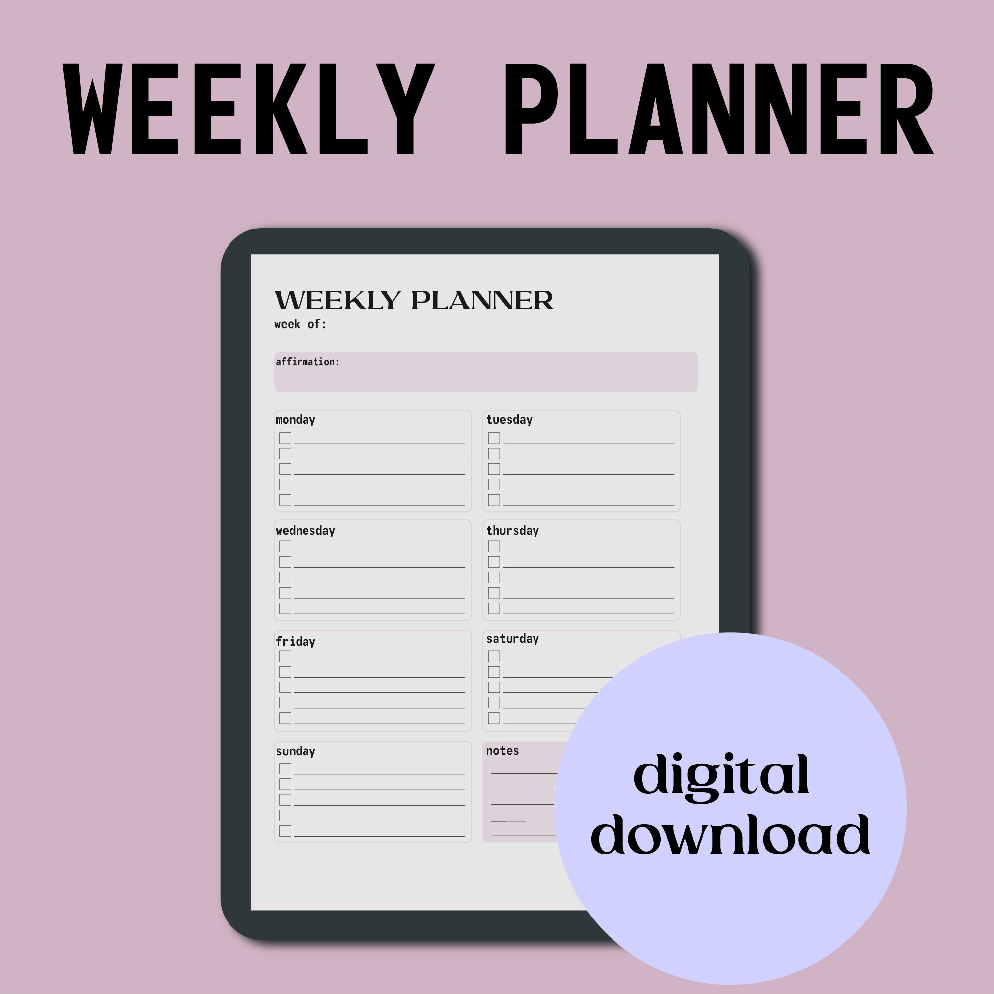 Simple weekly planner etsy
