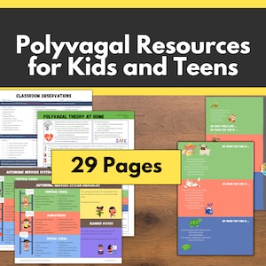 May include: A set of 29 printable resources for children and teenagers on the Polyvagal Theory. The resources include classroom observations, home activities, and charts explaining the autonomic nervous system. The pages are colourful and feature illustrations of children.