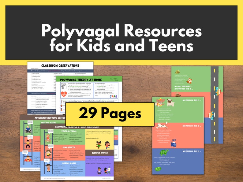 May include: A set of 29 printable resources for children and teenagers on the Polyvagal Theory. The resources include classroom observations, home activities, and charts explaining the autonomic nervous system. The pages are colourful and feature illustrations of children.