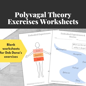 May include: Worksheets for Polyvagal Theory exercises. The image shows three white sheets of paper with text and diagrams. One sheet has a diagram of a person with labeled body sections. Another sheet has a flow chart. The third sheet has a yellow banner with text.