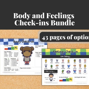 May include: A printable resource for children to check in with their bodies and feelings. The resource includes two pages, one for body check-in and one for feelings check-in. The body check-in page has a cartoon girl and a scale to measure how big the feeling is. The feelings check-in page has a cartoon boy and a grid of animal faces representing different feelings. Both pages have sections for noting thoughts and things to do to distract from the feeling.