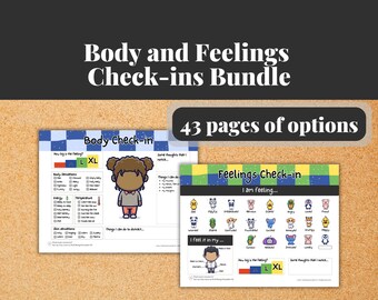 May include: A printable resource for children to check in with their bodies and feelings. The resource includes two pages, one for body check-in and one for feelings check-in. The body check-in page has a cartoon girl and a scale to measure how big the feeling is. The feelings check-in page has a cartoon boy and a grid of animal faces representing different feelings. Both pages have sections for noting thoughts and things to do to distract from the feeling.