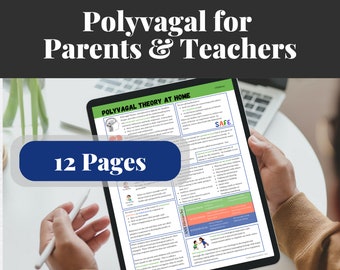 May include: A digital tablet displaying a 12-page guide titled "Polyvagal Theory at Home" with a blue and white illustration of the brain. The guide is for parents and teachers and includes information about the nervous system and how to help children feel safe.